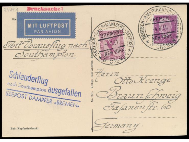 Luftpostkarte (Ansicht Dampfer Bremen) mit Seepost-Aufgabestempel Bremen - New York  D. Bremen  4.8.31 nach Braunschweig, Mis