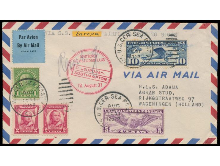 Luftpostbrief mit  US-Frankatur  20 C. nach Holland, Stempel  U.S. Ger. Sea Post S.S. Europa  8.8.1931, mit  Schleuderflug na
