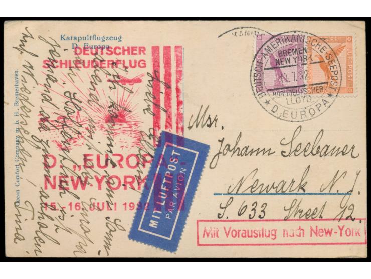 Schleuderflug Dampfer Europa - New York  15.-16.7.1932, Foto-Ansichtskarte "Katapultflugzeug Dampfer Europa" mit Dt. Reich 15