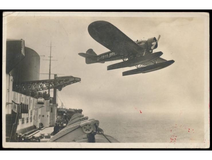 Schleuderflug Dampfer Europa - New York  15.-16.7.1932, Foto-Ansichtskarte "Katapultflugzeug Dampfer Europa" mit Dt. Reich 15