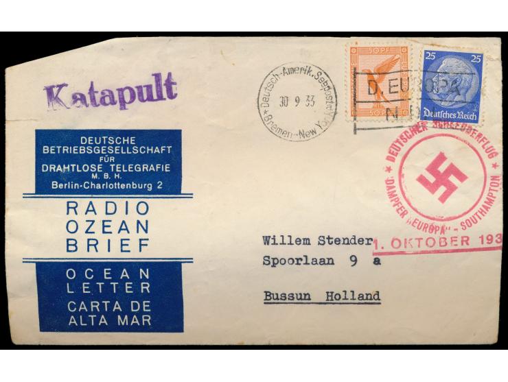 Radio-Ozean-Brief,  Frankatur 25 Pf. Hindenburg und 50 Pf. Flugpost, Maschinenstempel Deutsch-Amerikanische Seepost Bremen - 