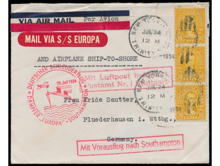 3 x  USA  10 C. auf Luftpostbrief mit Stempel New York 24.7.1934 nach Deutschland, roter Leitzettel "Mail via S/S Europa",  S
