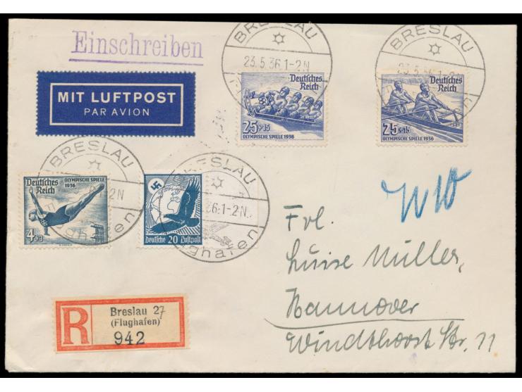Luftpost-Einschreibbrief 2. Gewicht, Frankatur 74 Pf., Stempel  Breslau Flughafen  23.5.36,  R-Zettel Breslau (Flughafen)  mi