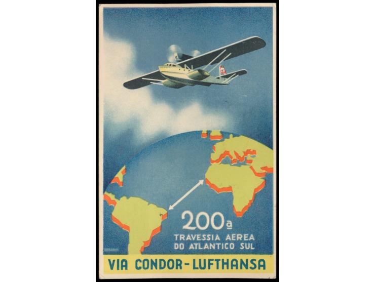 Werbekarte  "200a. Travessia Aerea ... Condor-Lufthansa"  mit brasilianischer Sondermarken-Frankatur nach Deutschland, Stempe