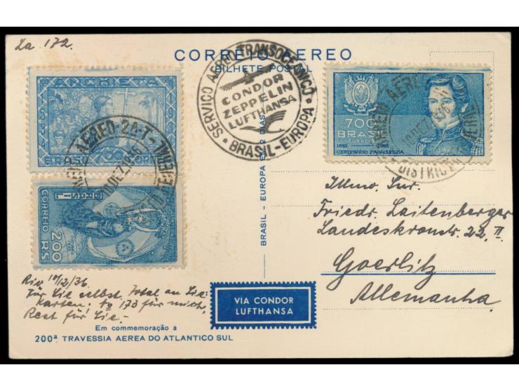 Werbekarte  "200a. Travessia Aerea ... Condor-Lufthansa"  mit brasilianischer Sondermarken-Frankatur nach Deutschland, Stempe