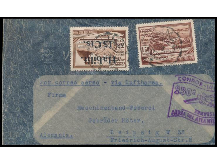 Peru 15 C. auf 35 C. und 1,50 S. auf Luftpostbrief nach Deutschland, Stempel Lima 7.6.37, mit 250. Condor-Lufthansa-Flug am 1