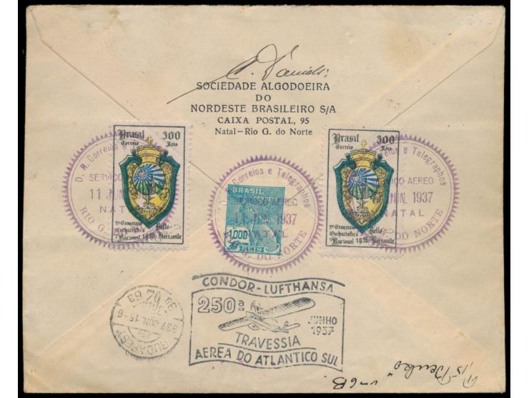 Luftpost-Einschreibbrief mit Brasilien-Sondermarken-Frankatur nach Ungarn, violetter Stempel &nbsp;Natal / Rio G. do Norte &n