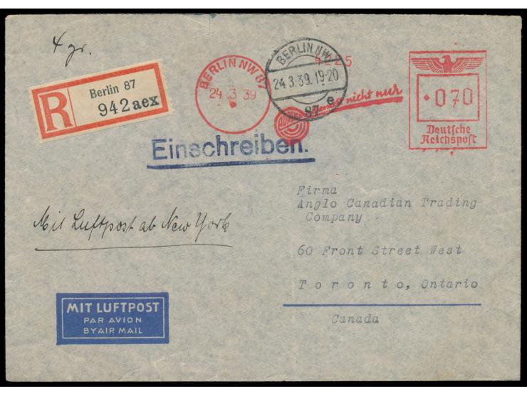 Auslands-Einschreibbrief via USA nach Canada, mit &nbsp;Luftpost ab New York, &nbsp;Absenderfreistempel &nbsp;Berlin NW 87 &n