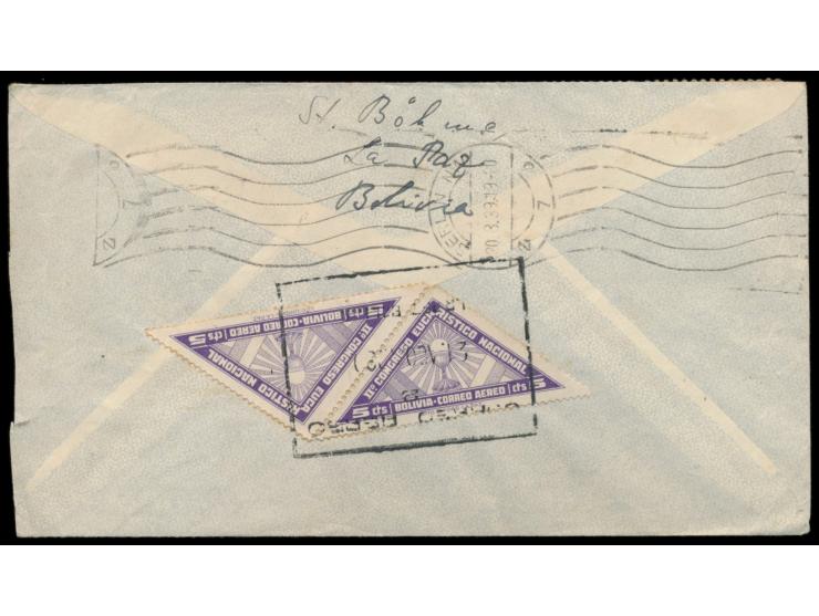 Luftpostbrief aus Bolivien  mit Condor-Lufthansa nach Potsdam, Bolivien-Sondermarken-Frankatur Eucharistischer Kongress 2 x 5