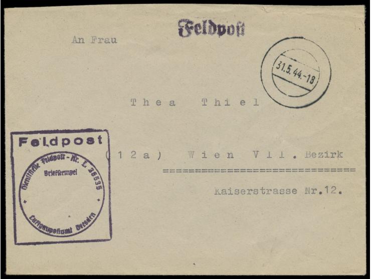 Feldpostbrief mit stummem Stempel 31.5.44 nach Wien, Absenderangabe und Briefstempel mit Feldpostnummer 36535 = Regimentsstab