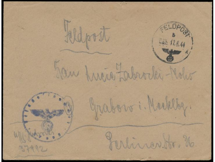 Feldpostbrief mit Inhalt, Feldpoststempel 17.6.44 (... In aller Eile ...), Briefstempel 37992 = Gruppe  Geheime Feldpolizei 7
