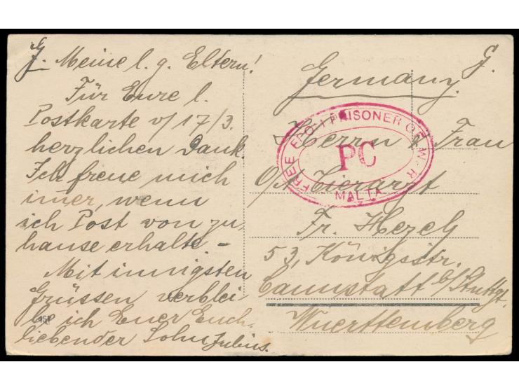 Ovalstempel  Free from Prisoner of War Malta / PC,  seltene  rote Stempelfarbe,  auf Ansichtskarte "Malta - Saluting Battery"