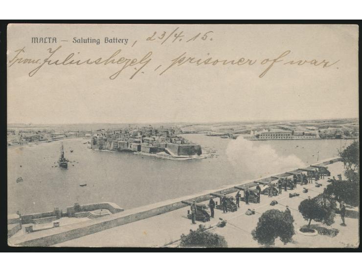 Ovalstempel  Free from Prisoner of War Malta / PC,  seltene  rote Stempelfarbe,  auf Ansichtskarte "Malta - Saluting Battery"
