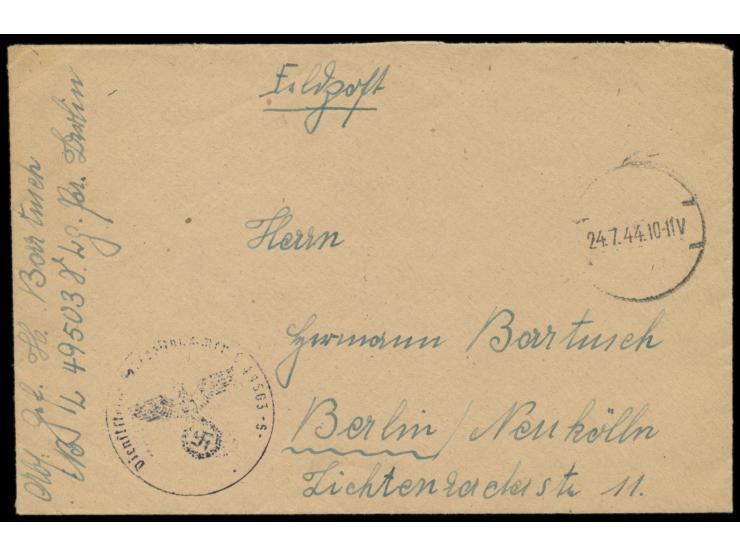 Feldpostbrief mit stummem Stempel 24.7.44 nach Berlin, vorderseitig handschriftlicher Absender und Briefstempel mit Feldpostn