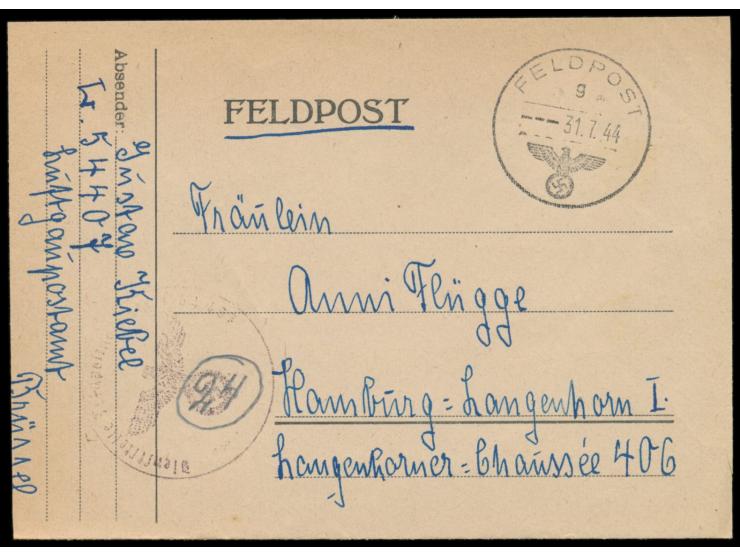Feldpost-Faltbrief mit Stempel Feldpost UB g 31.7.44 nach Hamburg, Absender ... FPNr. L 54407 = 10. Batterie Flak-Regiment 15
