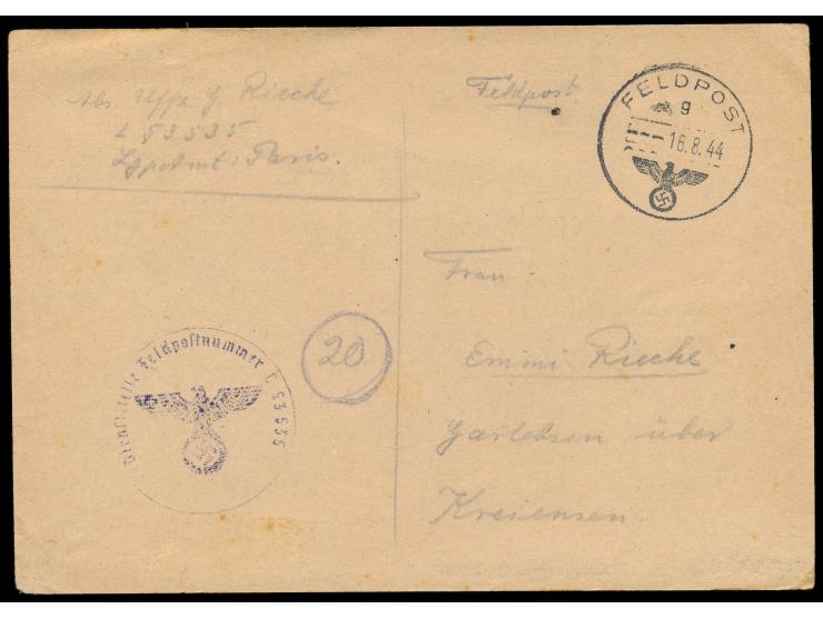 Feldpostkarte mit Stempel Feldpost g 16.8.44 nach Kreiensen, handschriftlicher Absender und Briefstempel ... FPNr. 53535 = 14