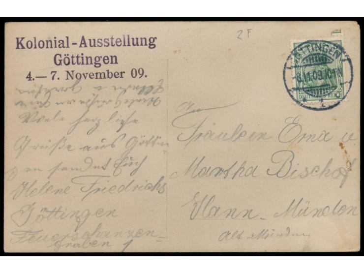 Kolonial-Ausstellung Göttingen  4. - 7. November 09.: Fotoansichtskarte mit privatem Ausstellungsstempel, Frankatur 5 Pf., St