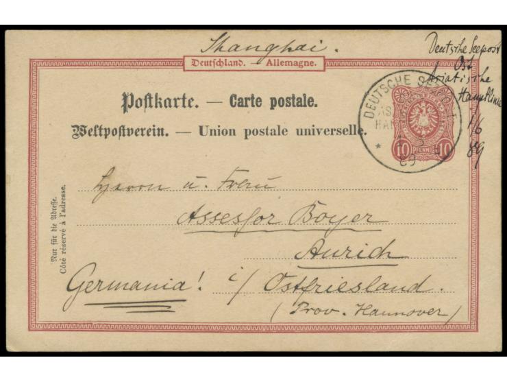 handschriftlicher Aufgabevermerk und Stempel Deutsche Seepost  Ost-Asiatische Hauptlinie e  1.6.89, zusätzlich handschriftlic