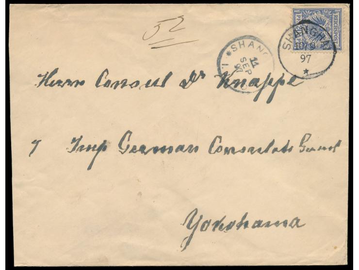 Vorläufer  20 Pf. mit Stempel  Shanghai  10.9.97 auf Brief mit rückseitig brauner  Prägedruck-Siegelmarke  "Kaiserl. Deutsche