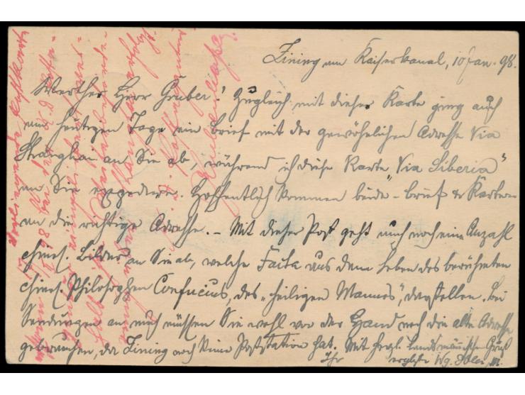 Vorläufer-Ganzsache  10 Pf. nach München, geschrieben in "Zining am Kaiserkanal, 10. Jan. 98", Stempel  Tientsin  18.2.98, Le