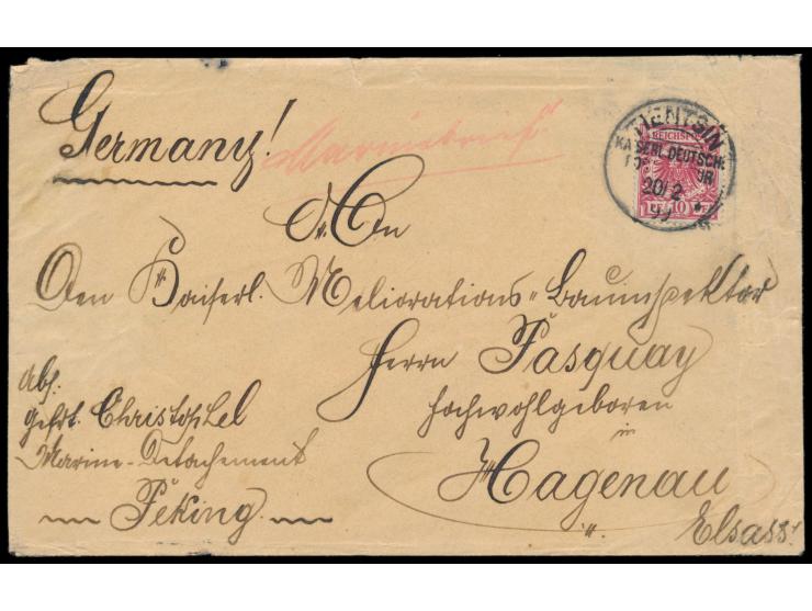 Gesandtschaftsschutzwache Peking,  Dt. Reich 10 Pf. auf Brief zum  Marinetarif  nach Deutschland, Stempel  Tientsin KDPAg  20