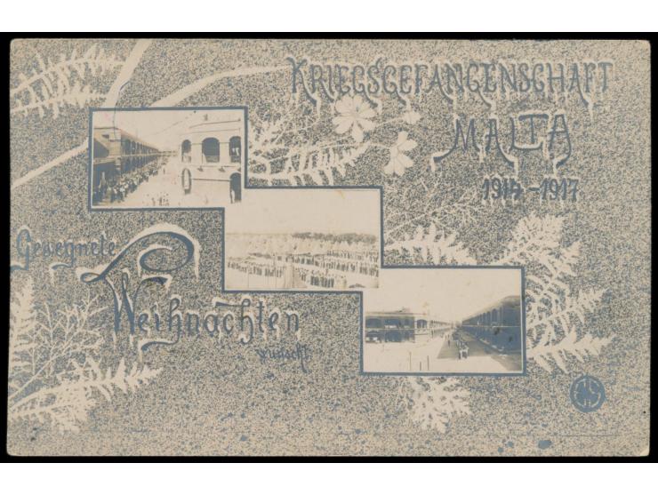 seltene  Fotokarte  "Kriegsgefangenenschaft Malta 1914 - 1917 - Gesegnete Weihnachten 1915 ..." mit drei Lageransichten und w
