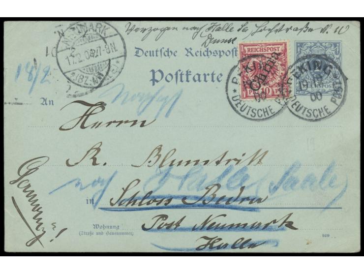 Dt. Reich-Ganzsache   2 Pf.  mit Zusatzfrankatur Dt. Post 10 Pf. nach Deutschland, Stempel  Peking  19.12.00, Ankunftstempel 