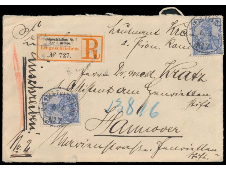Stempel  K. D. Feld-Poststation No. 7  6.4.(1901) auf  Einschreibbrief  mit 2 x 20 Pf. Petschili-Aushilfsausgabe 20 Pf. Germa