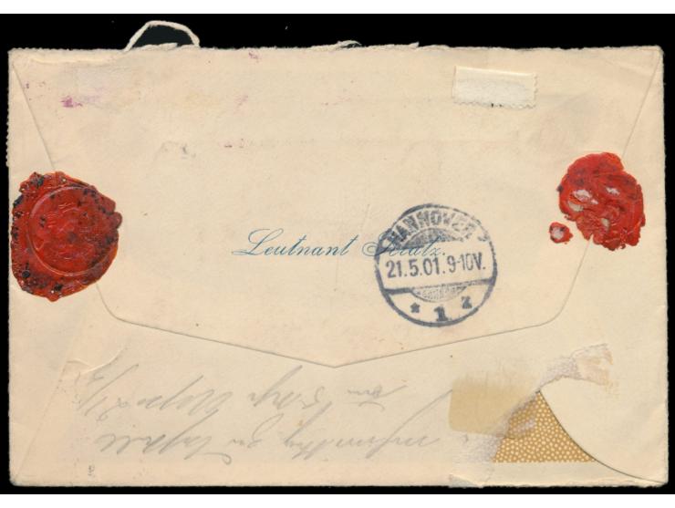 Stempel  K. D. Feld-Poststation No. 7  6.4.(1901) auf  Einschreibbrief  mit 2 x 20 Pf. Petschili-Aushilfsausgabe 20 Pf. Germa