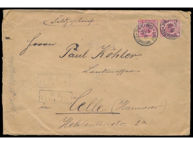 Petschili-Aushilfsausgabe,  senkrechtes Paar  10 Pf. Krone-Adler ( beide Marken leicht berieben)   auf übergewichtigem Feldpo