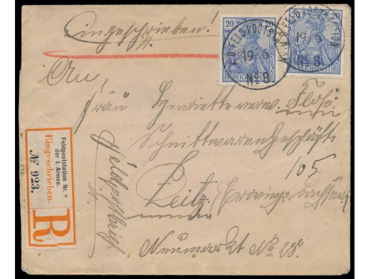 Stempel  K. D. Feld-Poststation No. 8  19.6.(1901) auf  Einschreibbrief  mit 2 x 20 Pf. Petschili-Aushilfsausgabe 20 Pf. Germ