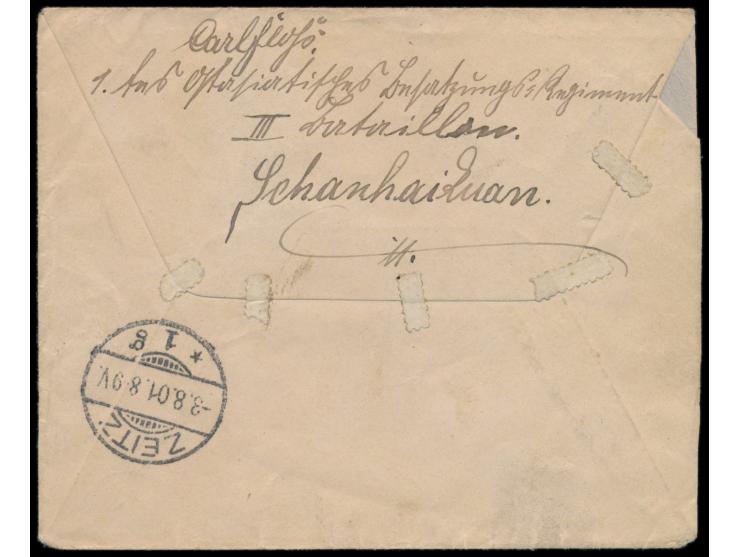 Stempel  K. D. Feld-Poststation No. 8  19.6.(1901) auf  Einschreibbrief  mit 2 x 20 Pf. Petschili-Aushilfsausgabe 20 Pf. Germ