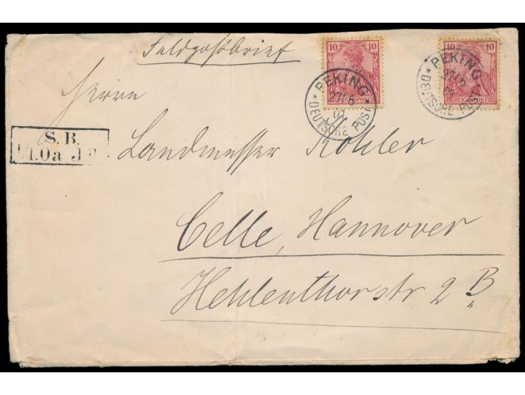 Petschili-Aushilfsausgabe,  2 x  10 Pf. Germania  (Zahnspitzen stockfleckig) auf übergewichtigem Feldpostbrief (51 bis 250 g)