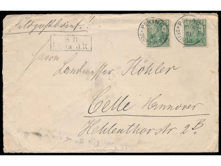 Petschili-Aushilfsausgabe,  2 x  5 Pf. Germania  (einzelne Stockpunkte, eine Marke kleiner Eckfehler) auf Feldpostbrief nach 