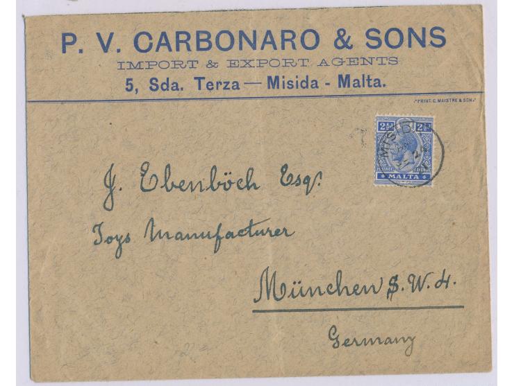 2 1/2 d. auf Firmenbrief mit Stempel  Misida  24.2.21 nach Deutschland, Bedarf
