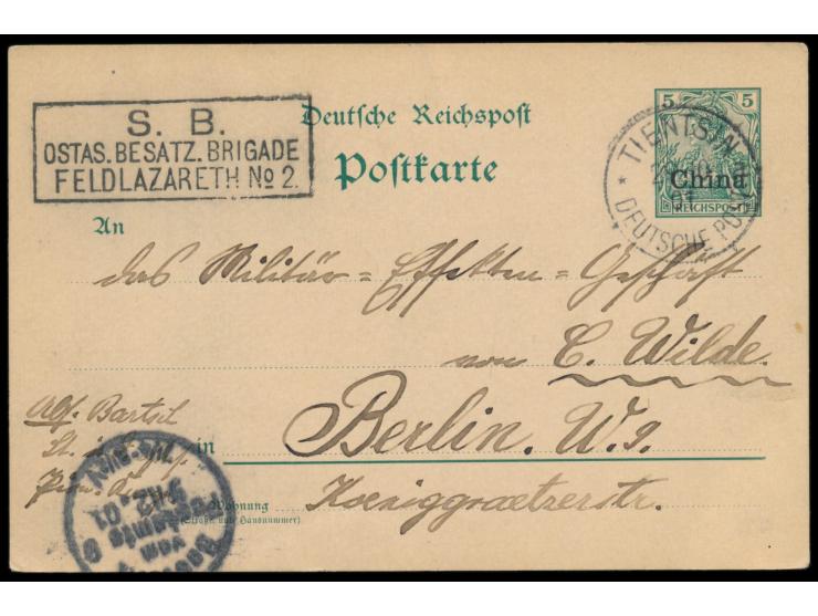 Ganzsache 5 Pf. (Aufdruck etwas nach oben versetzt) mit Stempel  Tientsin  29.10.01 im Soldatentarif nach Berlin, Briefstempe