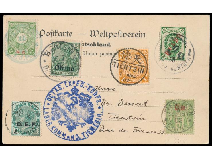 Ansichtskarte "Tsingtau - Signalberg m. dem Dietrichstein" mit Dt. Post in China 5 Pf. mit Stempel  Tientsin  30.7.02 und fün