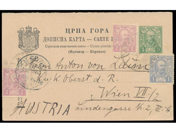 Ganzsachen-Antwortteil 5 H. (Fürst Nikolaus) mit Zusatzfrankatur 1 H. und 2 x 2 H., Stempel  Niegouche 1.7.1902, nach Wien, A