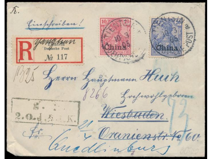 10 Pf. und 20 Pf. auf  Einschreibbrief  im Soldatentarif nach Deutschland, S.B.-Stempel 2. O.J. R. ..., Stempel  Tientsin a  
