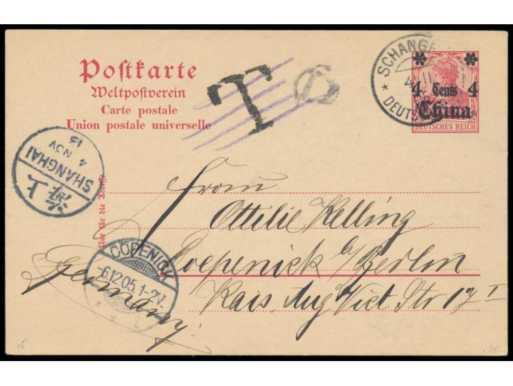 Ganzsache 4 C. nach Deutschland, aufgeliefert beim chinesischen Postamt Shanghai, Stempel Shanghai 4.11.1905, chinesischer T.