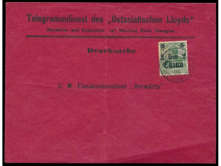 2 C. auf rotem Umschlag  Telegrammdienst des "Ostasiatischen Lloyds"  mit Stempel Schanghai 13.12.05 als Drucksache an  S. M.