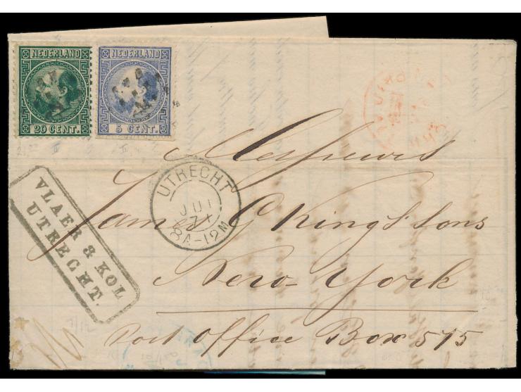 Ausgabe 1867:  5 C. und 20 C. König Willem III (beide Type II) auf Faltbrief  nach New York,  undeutlicher Punktstempel und K