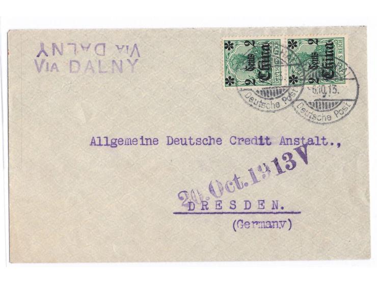2 x 2 C. auf Brief der "Russo-Asiatic Bank, Shanghai" nach Deutschland, Gitterstempel  Schanghai  6.10.13, violetter  Leitste