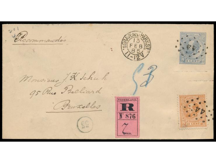 Ausgabe 1872: Ganzsachenumschlag 5 C. mit Zusatzfrankatur 15 C. König Willem III als  Einschreiben  nach Bruxelles, ermäßigte