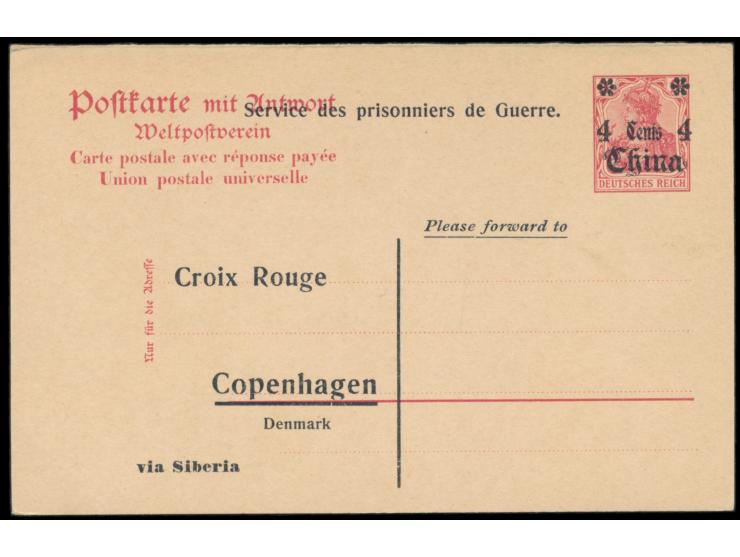 1915, Ganzsachen-Frageteil 4 C. mit beidseitigem Zudruck der &quot;Hülfsaktion Tientsin&quot; , ungebraucht
