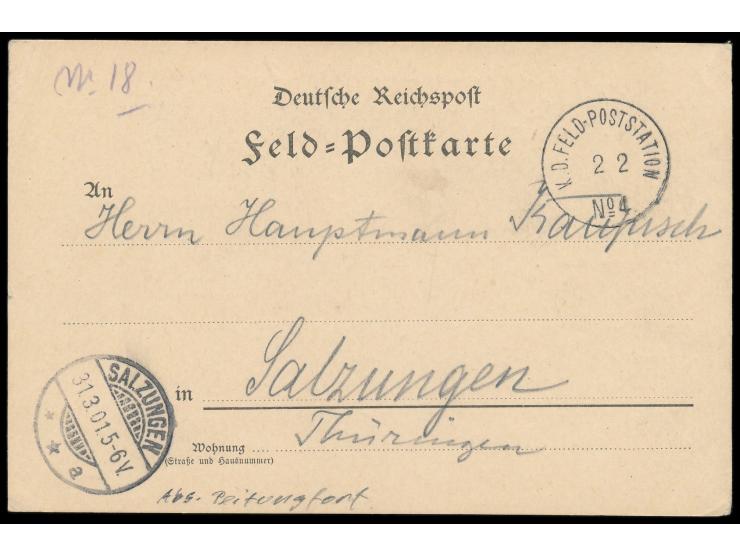 7 Feldpost-Vordruckkarten einer Korrespondenz nach Salzungen (6) bzw. Karlsruhe (1), alle mit Stempel  K. D. Feld-Poststation