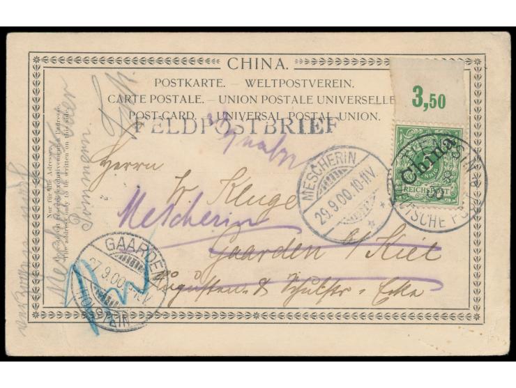 5 Pf.  mit Oberrand  auf Ansichtskarte Tientsin nach Deutschland, Stempel  Tientsin a  ?.8.00 (ohne Tageszahl) und L1  Feldpo