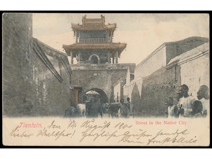 5 Pf.  mit Oberrand  auf Ansichtskarte Tientsin nach Deutschland, Stempel  Tientsin a  ?.8.00 (ohne Tageszahl) und L1  Feldpo