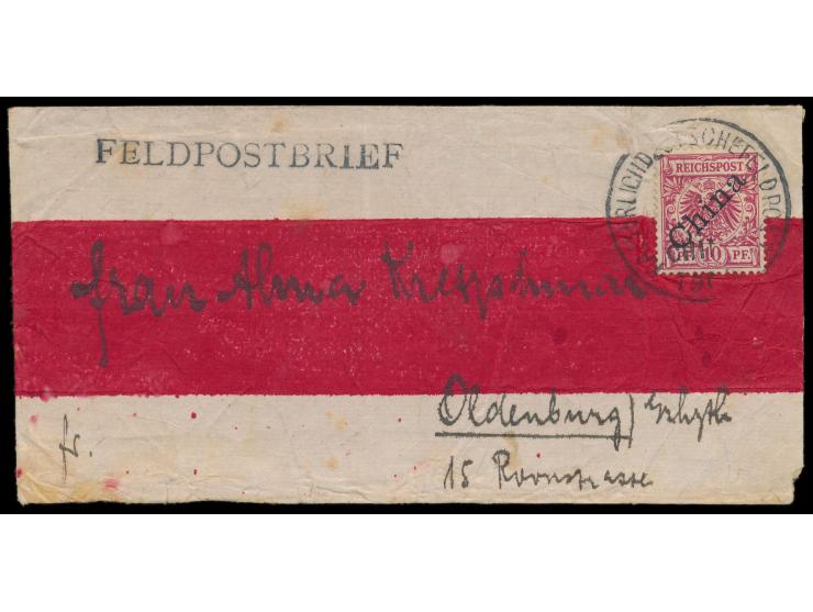 Holzstempel  Kaiserlich Deutsche Feldpost China 1900  (sogenanntes "Wagenrad", Type II) als  Entwertung  auf Rotbandbrief mit