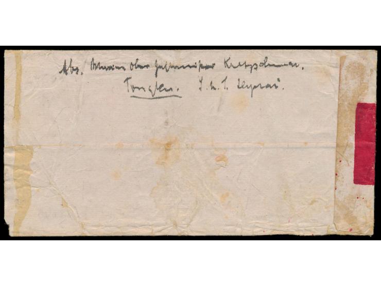 Holzstempel  Kaiserlich Deutsche Feldpost China 1900  (sogenanntes "Wagenrad", Type II) als  Entwertung  auf Rotbandbrief mit